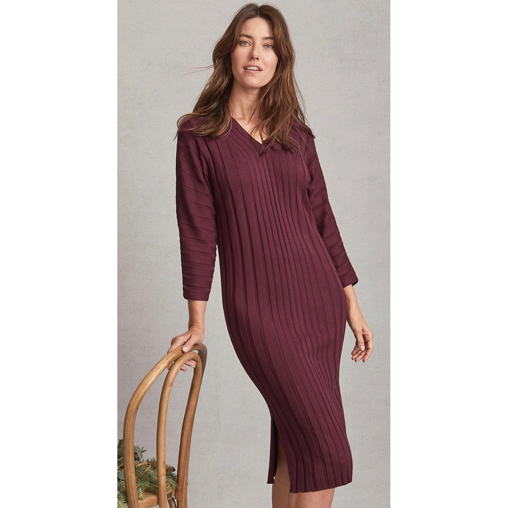 Garnett Hill Silk Cotton Ribbed Sweater Dress Wine Red Midi Knit Chic S